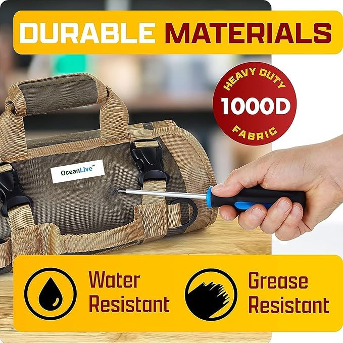 Image of OceanLive Roll Up Tool Bag 7 Pockets Heavy Duty 1680D Oxford Polyester Water Resistant Tool Kit Bag for Electrician Service Engineer with Detachable Pouches Shoulder Strap Sea Green