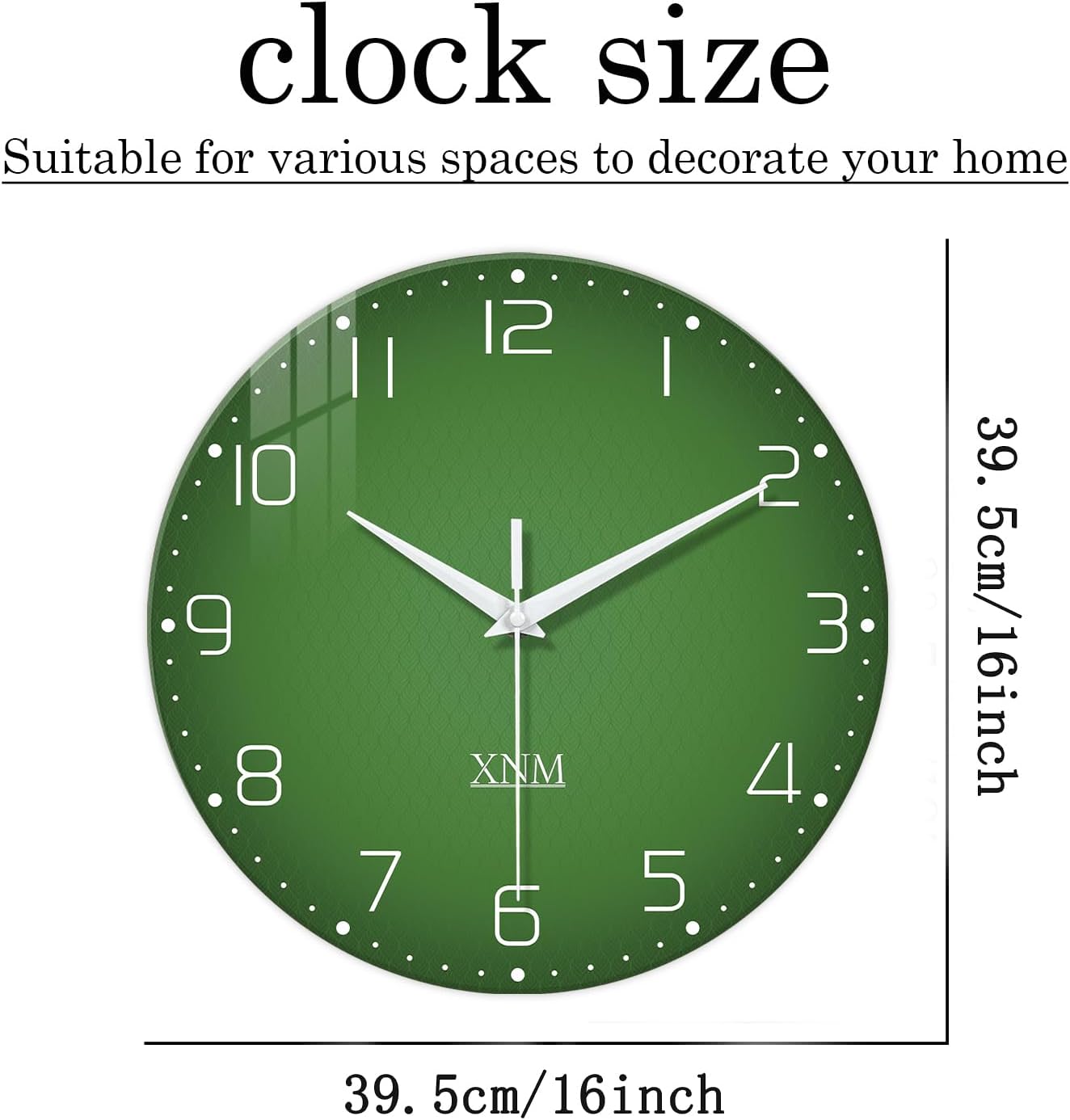 XNM Green Wall Clock for Living Room 16 Inches or Larger Modern Glass Wall Clock for Women Silent Wall Clocks Battery Operated