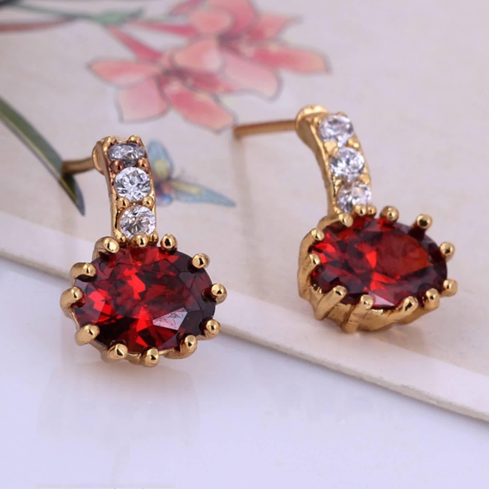 Pendientes para Mujer Oro Amarillo 18 Kilates Amatista Púrpura Ovalada Elegante Pendientes Hipoalergenicos