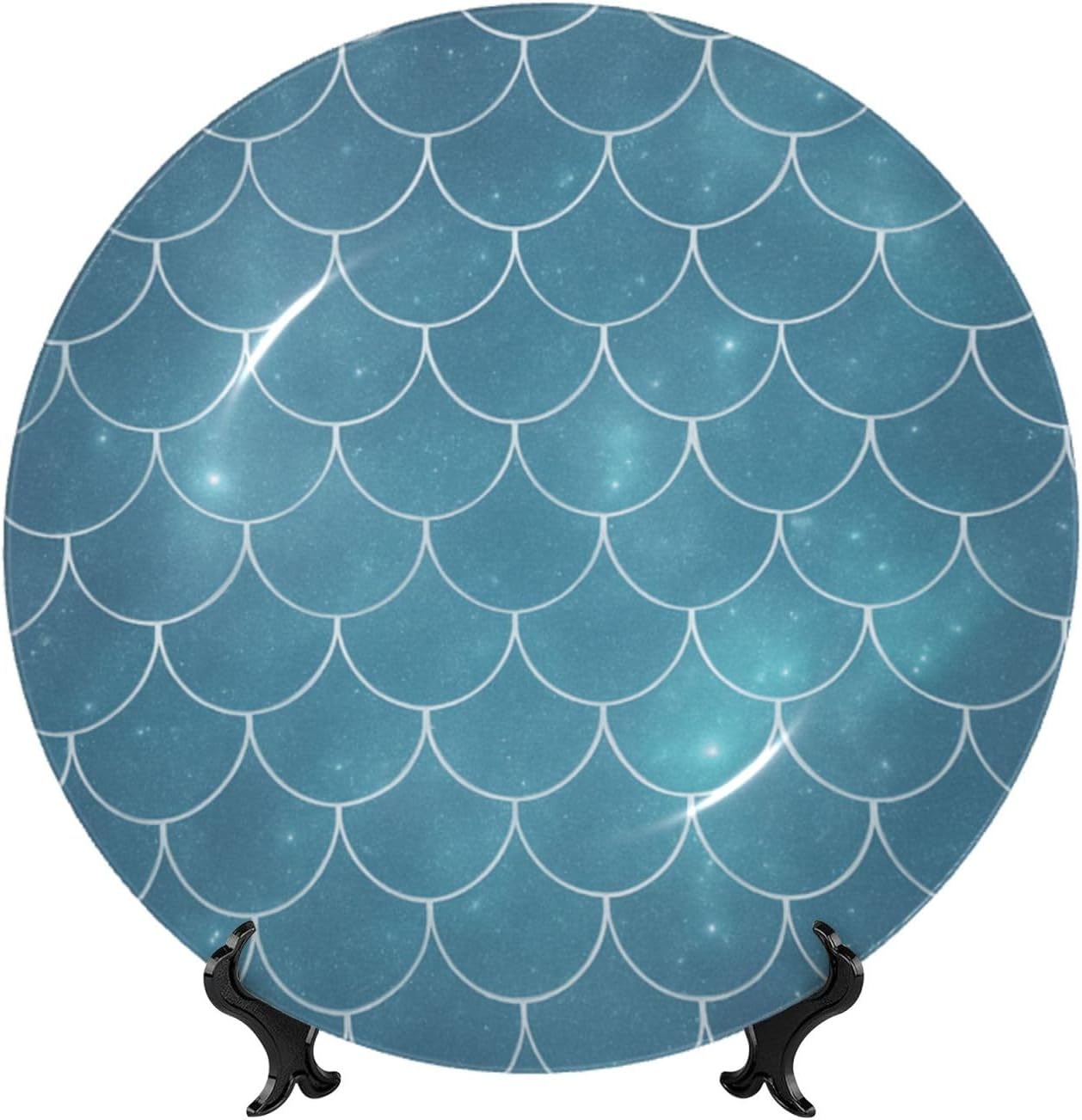 Blue Fish Scales 10 Inch Decorative Plate With Stand, Elegant Display Wall Plate For Home Decor