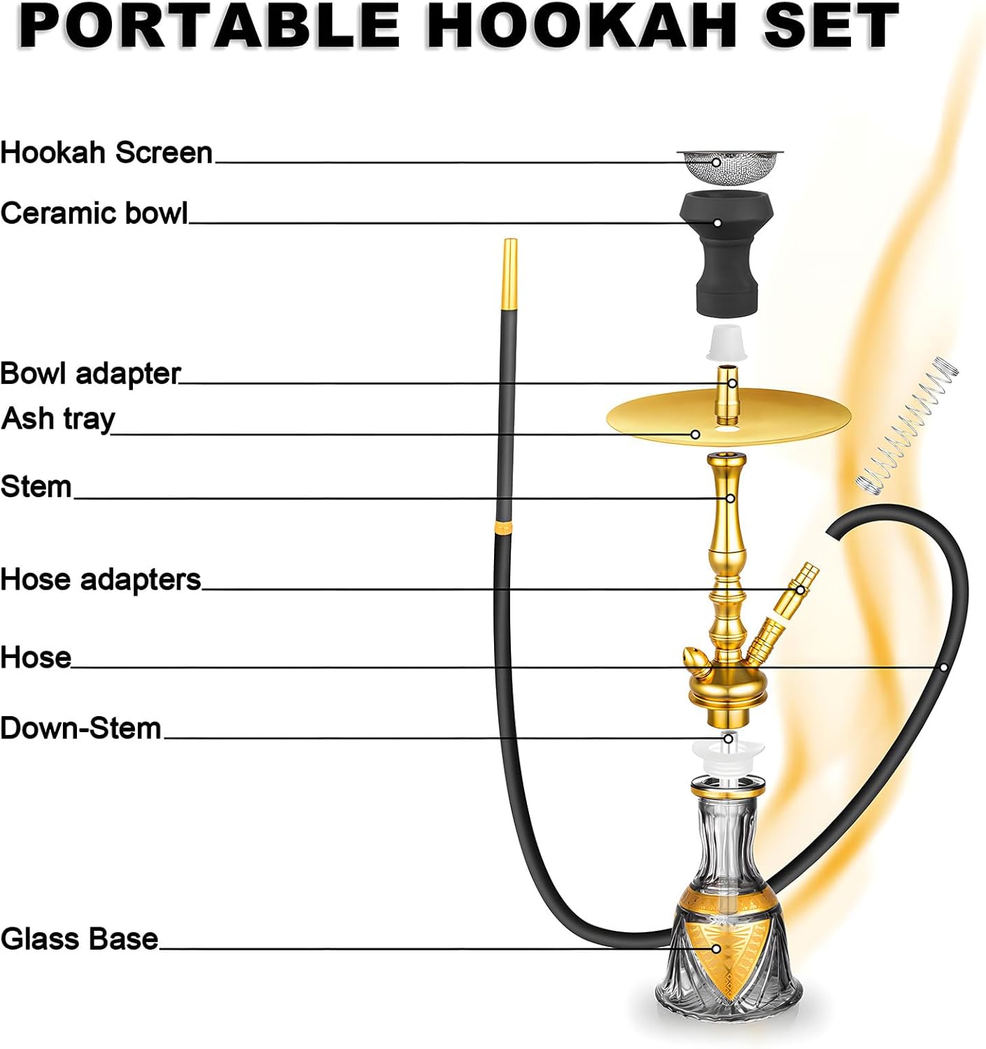22'' Hookah Set Modern Aluminum Hookah Set With Everything - Black Glass Vase,Hookah Charcoal Holder,Hookah Tips（Gold-1hose）