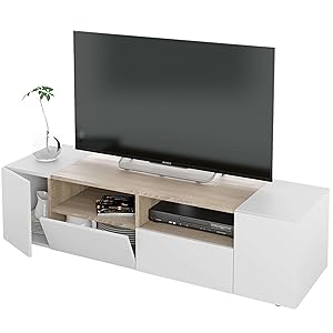 Habitdesign Modulo TV, Mueble de Salon, Juego de Muebles, Modelo Tamiko, Acabado en Blanco Artik y Roble Canadian, Medidas: 138 cm (Largo) x 42 cm (Fondo) x 36 cm (Alto)