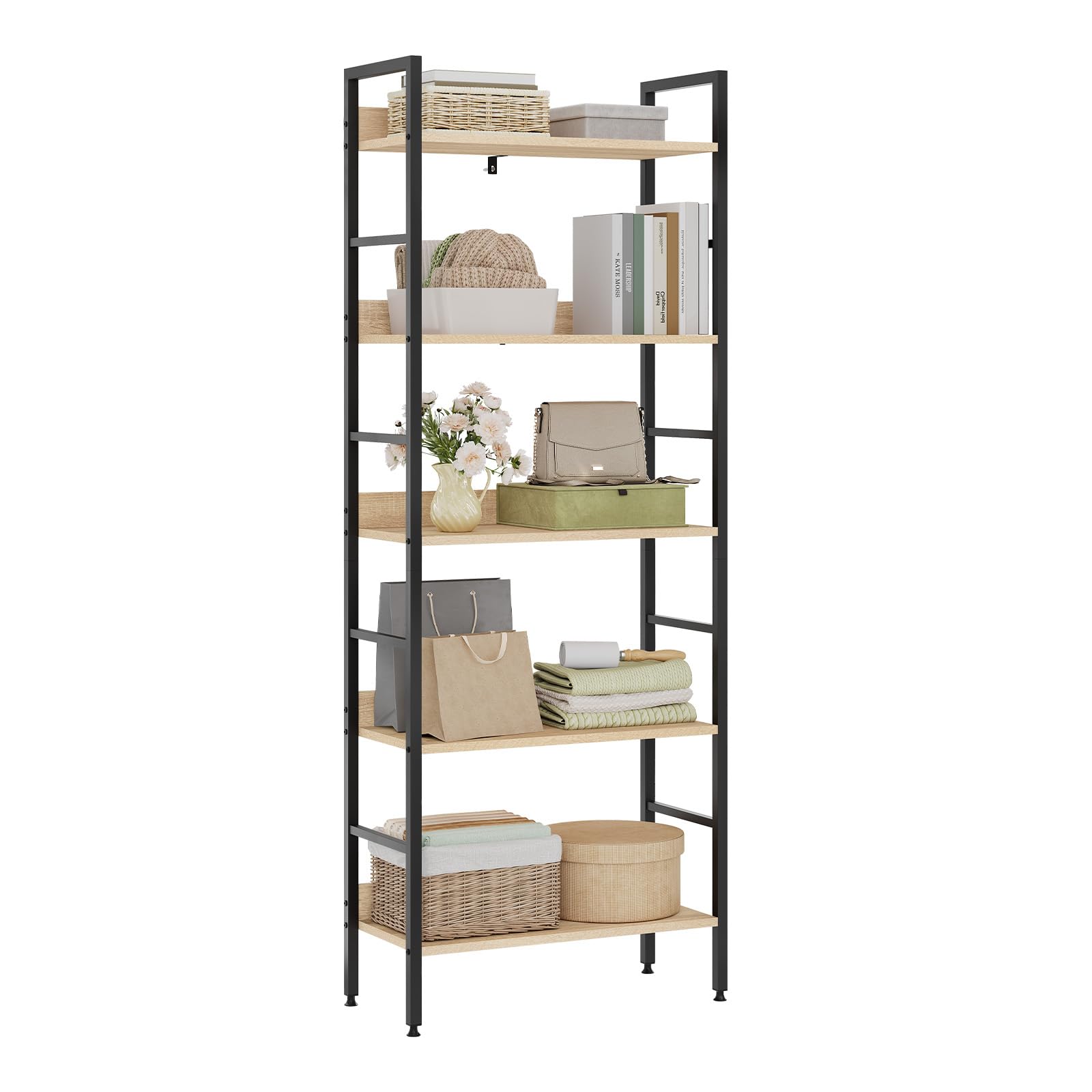 WOLTU Estantería de Pie, Librería 5 Estantes, Estanteria Almacenaje para Salon/Dormitorio/Cocina, 60x27,5x160 cm, Marco Metalico,Negro + Roble Claro