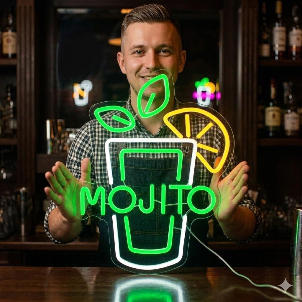 Letrero de Coctel Mojito Cartel Luminoso LED Escaparate, Decoración de Pared en Metacrilato, Luz Brillante, aproximadamente 42x32cm alimentación 12v