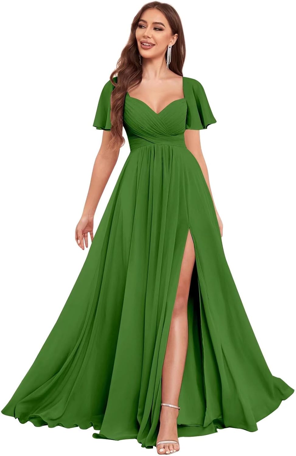 VCCICANY Chiffon Bridesmaid Dresses for Women Flutter Sleeve Pleated V Neck Long Formal Evening Gowns with Slit