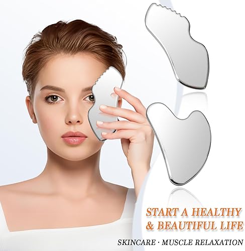 Miniatura 3 de Juego de 2 herramientas Gua Sha de acero inoxidable, herramientas faciales Gua Sha de metal, masajeador facial, escultura Gua Sha corporal y facial