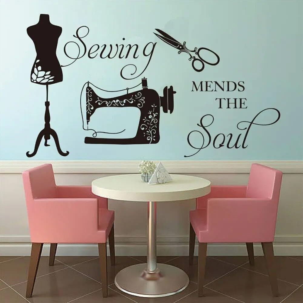 Sew Machine Wall Sticker Sewing Shop Wall Decor Scissors Vinyl Decal Clothing Store Decoration Needlework Mural Mends Quote 25x42cm