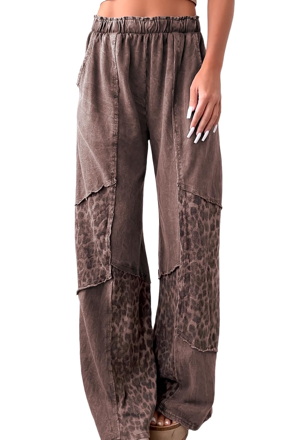 SELINK Women Casual Mineral Wash Leopard Pants Fashion Patchwork Elastic Waist Straight Wide Leg Loose Daily Trousers