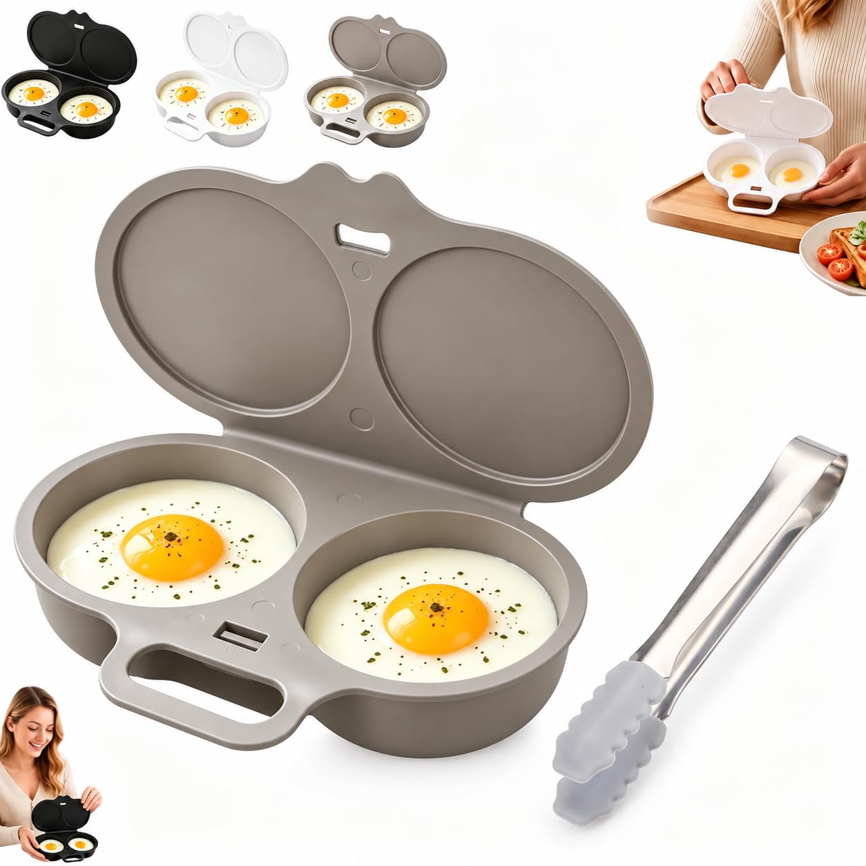 Microwave Egg Poacher, Dual Cavity with Lid and Handle (gray＋clip)