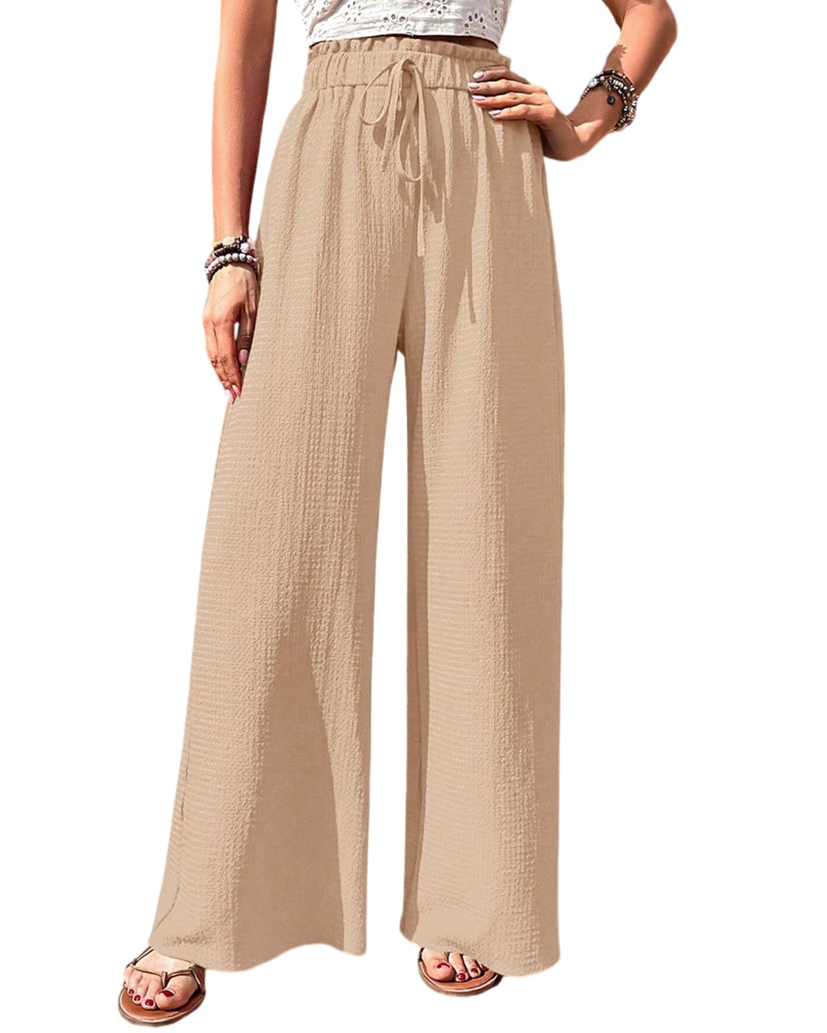 Xixiuly Womens Wide Leg Pants Elastic High Waist Drawstring Lounge Pants Flowy Summer Beach Palazzo Pants Casual Trousers