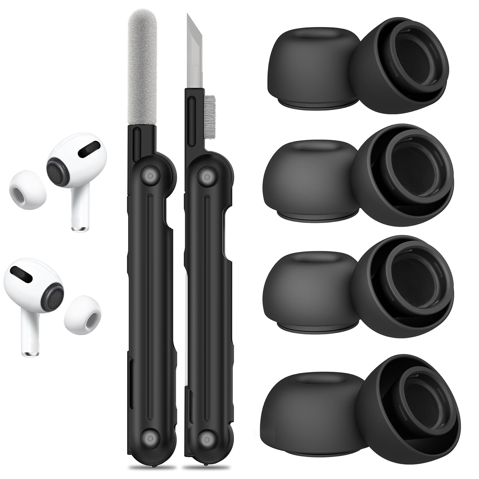 4 Pairs Replacement Ear Tips for AirPods Pro 2nd/1st Generation with Portable Storage Box & Cleaner Pen,Noise Reduction Holewith & Built-in dust Guard Screen,Silicone Ear Tips for AirPods Pro (Black)