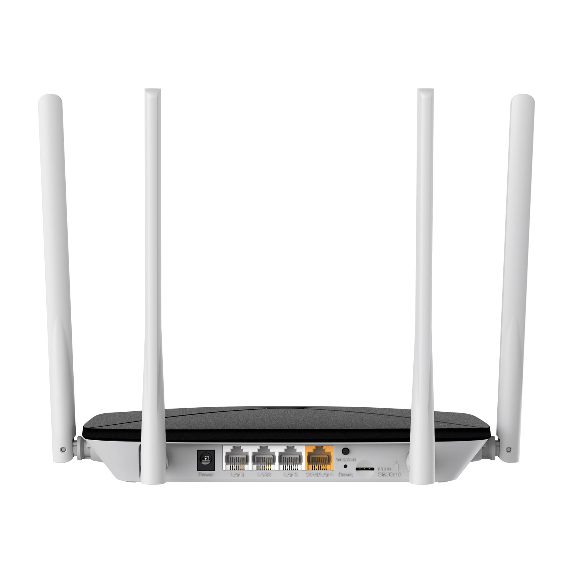 Mercusys MB135-4G Router WiFi con Sim, 4G LTE Cat4 AC1200Mbps, 4 Antenne Ad Alto Guadagno, 1 Porta LAN/WAN + 3 Porte LAN, OpenVPN, PPTP Server, WAN Backup, Parental/LED Control, SMS, APP, Plug & Play