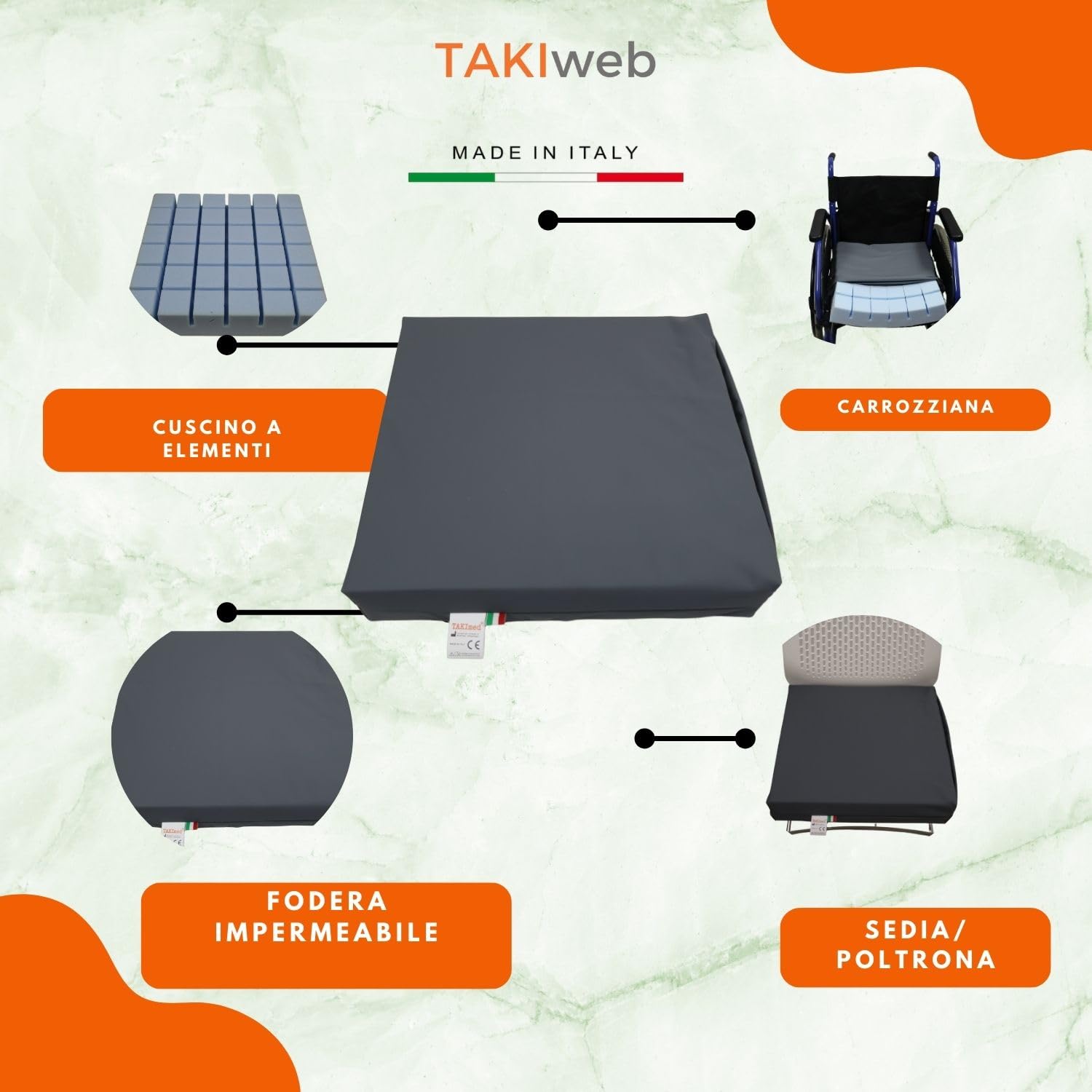 TAKIMED Cojín antiescaras de espuma de poliuretano expandido con funda impermeable con 36 elementos, 42 x 42 x 42 x 8 cm, cojín de decúbito para la prevención de las úlceras de decúbito. (GRIS)
