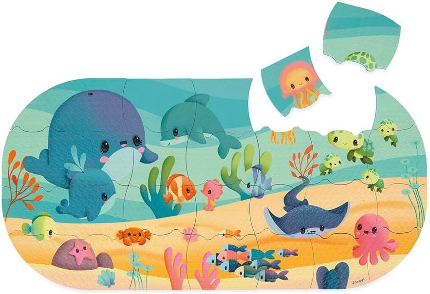 Janod Children’s Puzzle-28 Floating Pieces-Bath Toy-Easy to Store-Sea Animal-Themed Puzzle-3 Years +, J04727, Multicolor