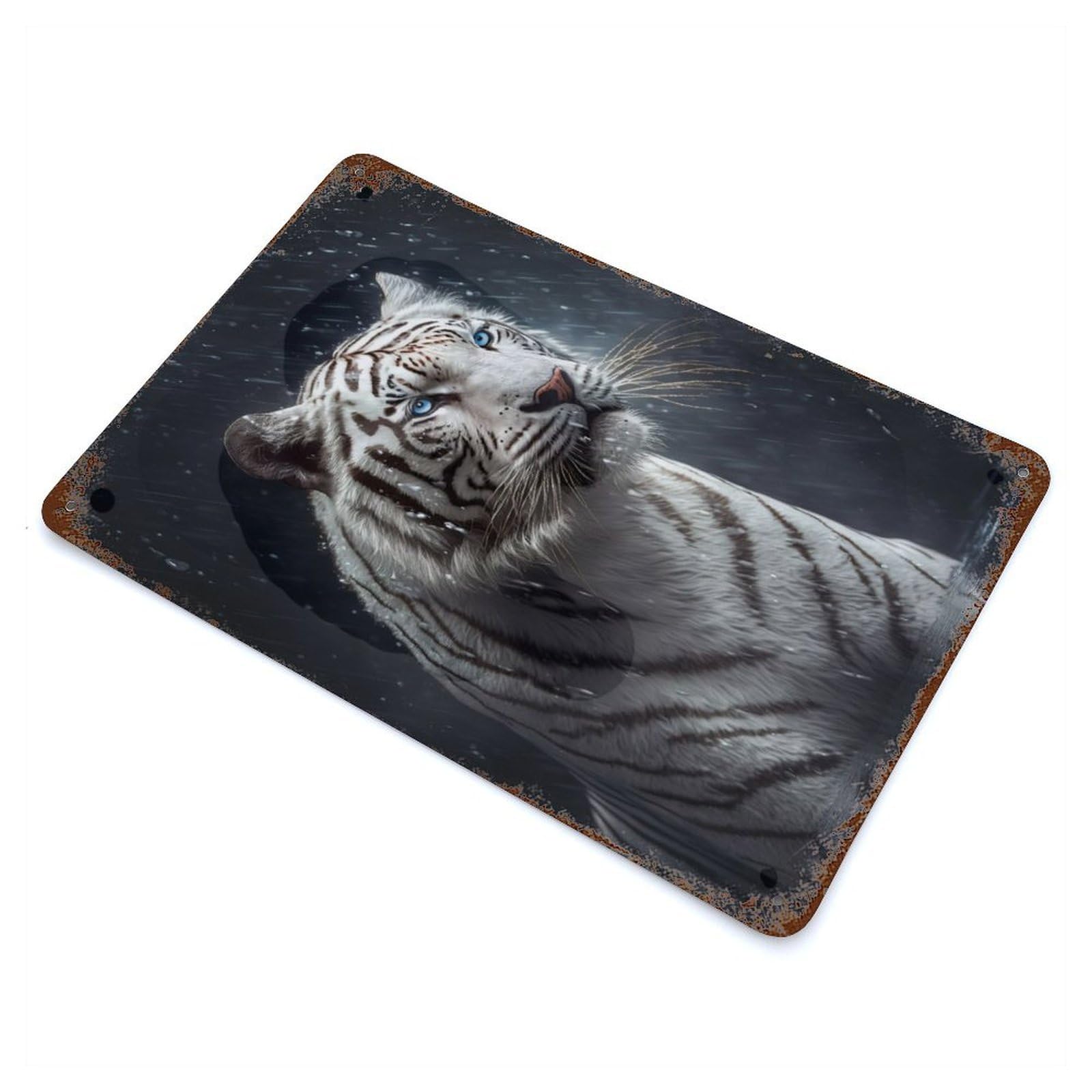 Wet White Tiger 11.8"x7.9" Distressed Metal Wall Sign, Shabby Chic Decor for Office, Studio And Wall Decor