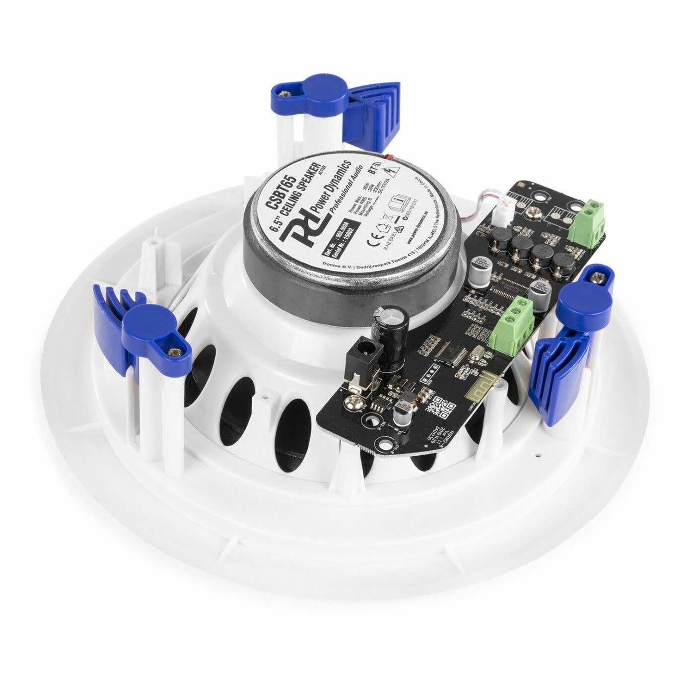 Power Dynamics CSBT65 Juego de Altavoces Bluetooth para Techo, 160 W, Altavoz de 2 vías para Techo y Pared, Amplificador Digital Integrado, Ideal para oficinas, Cine en casa, Sala de Estar, Blanco
