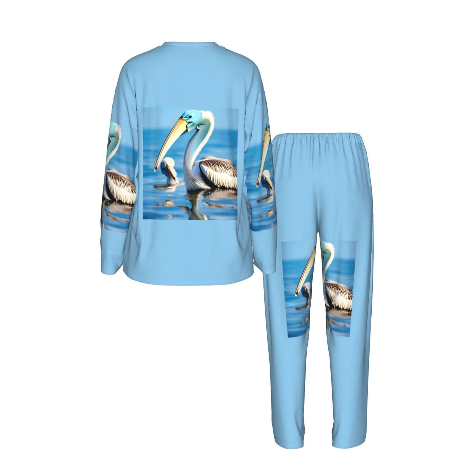 Pellicano uccello blu mare cielo stampa donna manica lunga pigiama abbinato morbido spiaggia vacanza biancheria da notte regalo casual