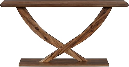 Miniatura 6 de Mesa consola de 57 pulgadas para entrada, moderna mesa de sofá, mesa de sofá rústica con diseño de patas cruzadas, mesa de chapa de acacia para