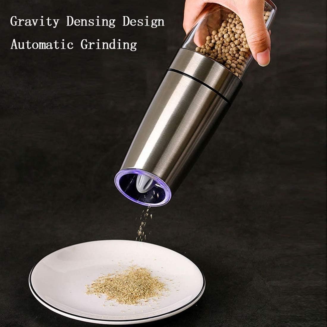 Electric Salt and Pepper Grinder Set - Automatic Adjustable Shakers - Battery Operated Kitchen Peppermills Blue Light