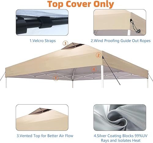 Miniatura 3 de Cubierta superior de repuesto para toldo de 10 x 10, toldo desplegable con cuerdas de ventilación de aire, parasol impermeable recubierto de tela