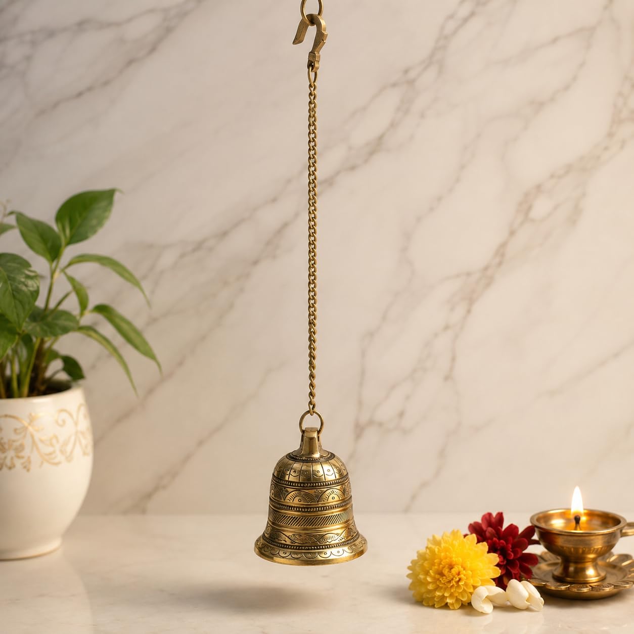 Kartique Brass Hanging Temple Bell with Chain J Hook Pooja Ghanti Decor 1