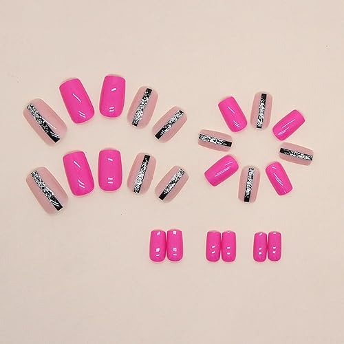 Miniatura 3 de Uñas postizas cortas cuadradas SWEKKE de cobertura completa rosa con diseños con purpurina brillante, pegamento en uñas adhesivas, uñas acrílicas,