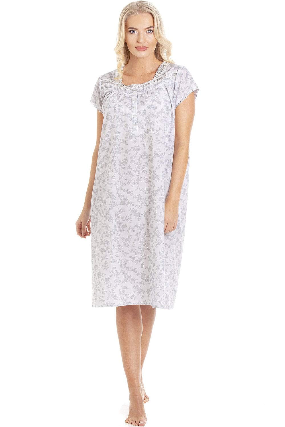 Camille Women's Grey Classic Floral Print Short Sleeve Nightdress In | Size: 10/12
