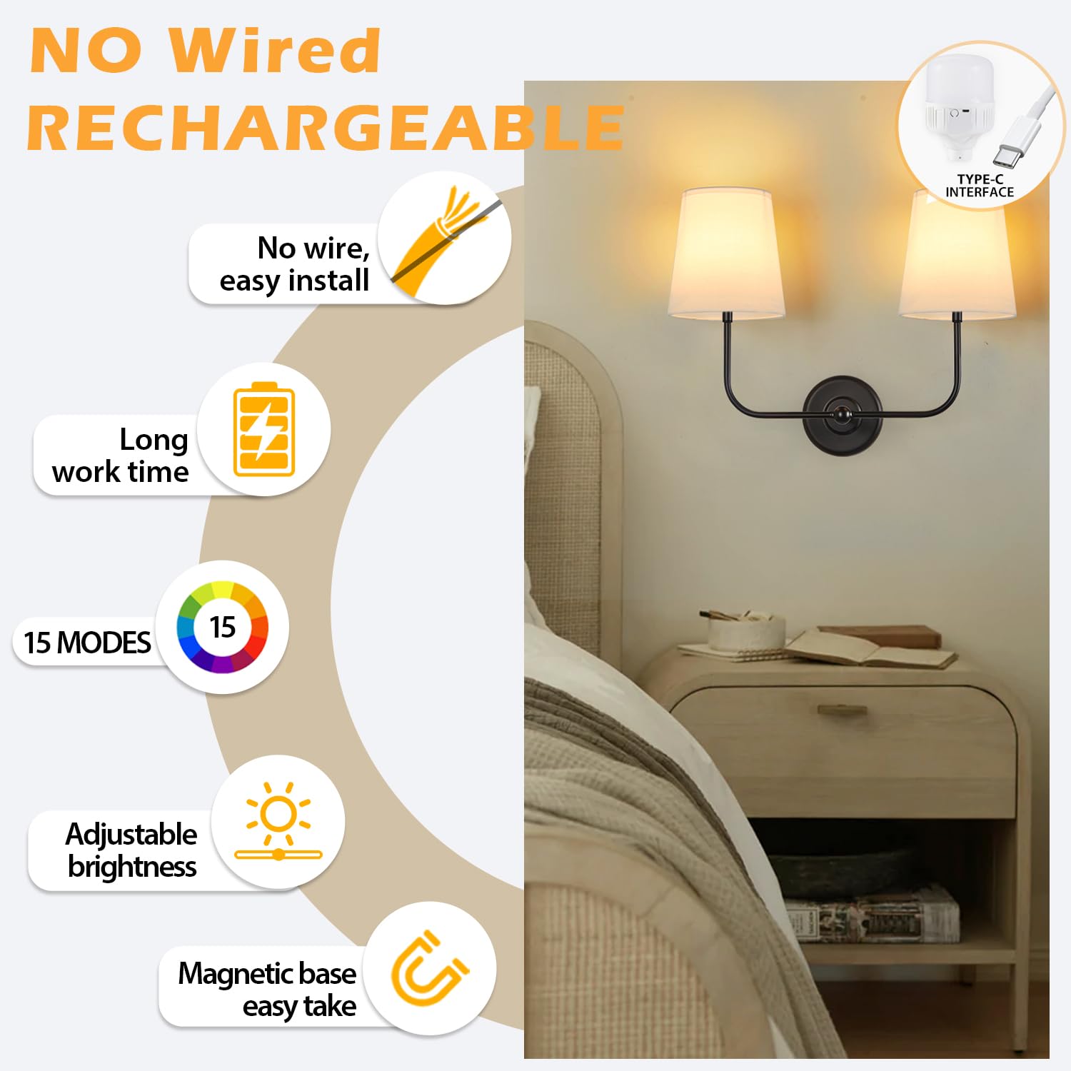 PASSICA DECOR(パシカデコ) ボウ バッテリー駆動 壁取り付け用燭台 2個セット 充電式ウォールライト 調光可能な取り外 防災用30W LEDケイ・ライト(2灯)｜商品情報