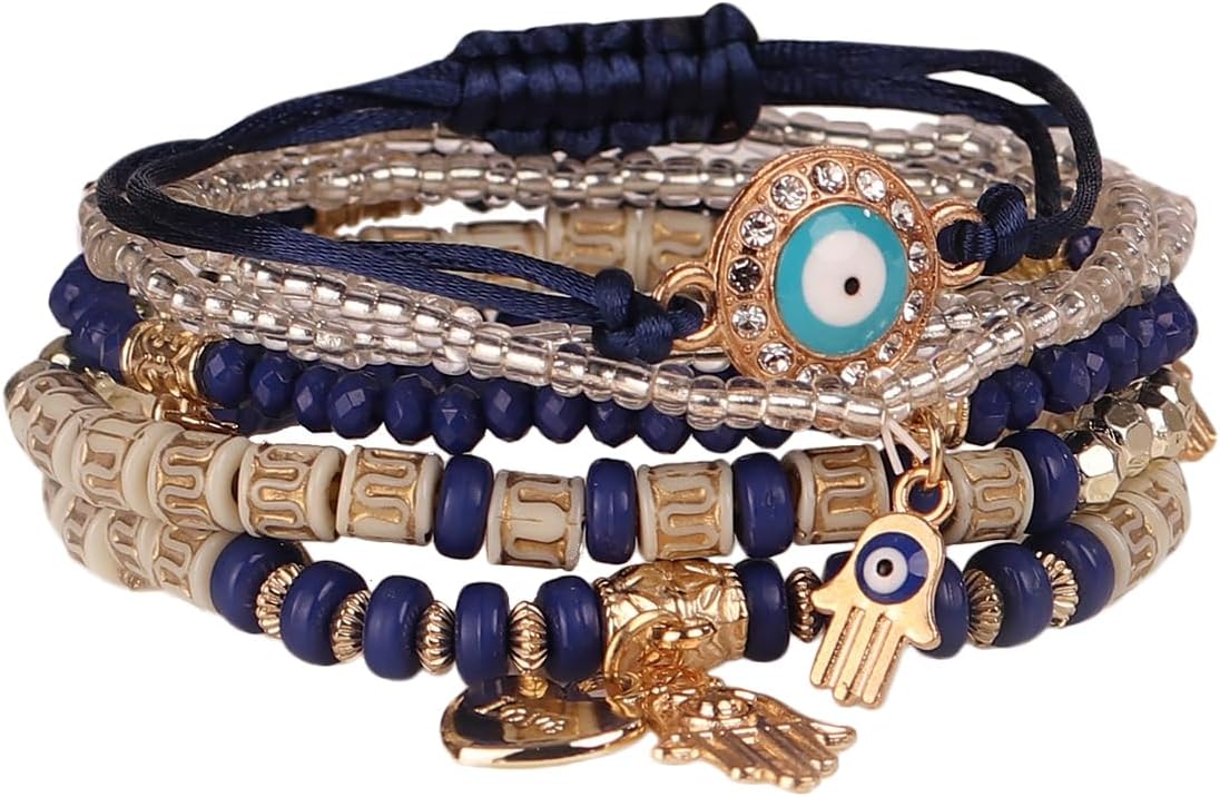 Latest Stylish Evil Eye Multilayer Bangle Beads Bracelet for Women and Girls (14683b)(Navy Blue)