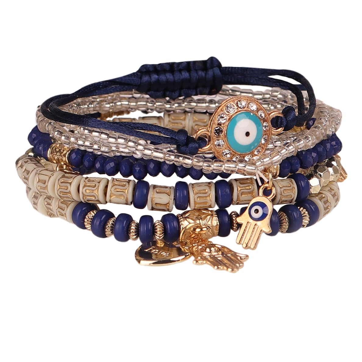 Latest Stylish Evil Eye Multilayer Bangle Beads Bracelet for Women and Girls (14683b)(Navy Blue)