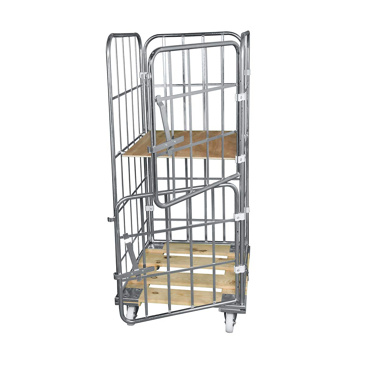Roll-conteneur avec socle roulant en bois, 4 côtés, l x p 724 x 810 mm, panneau frontal en une partie