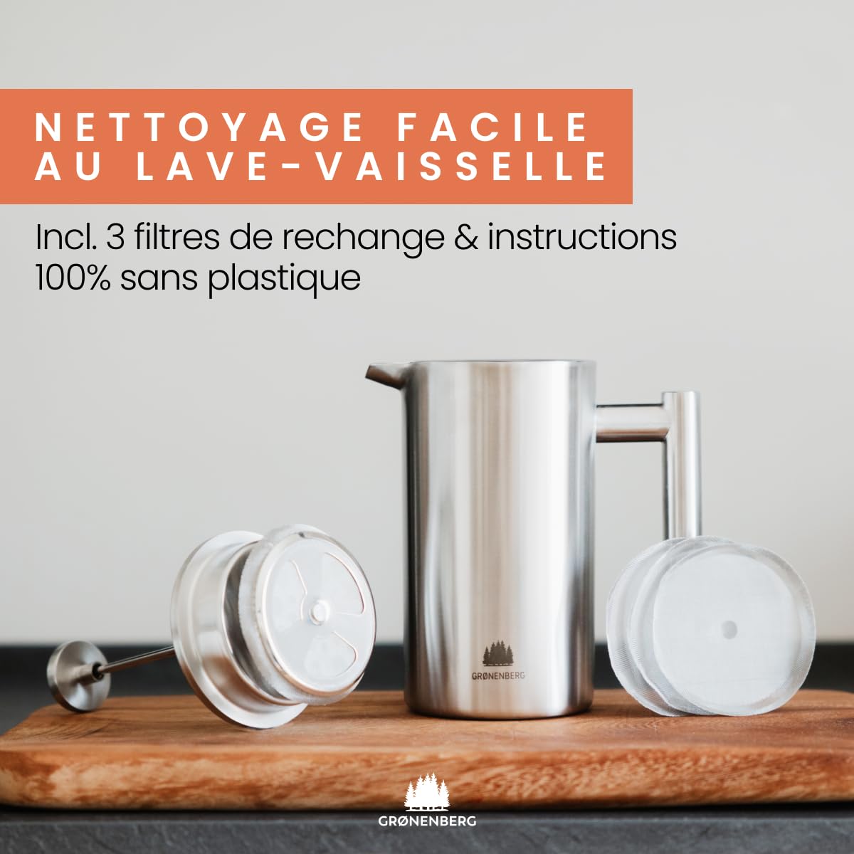 Groenenberg Cafetière à Piston | French Press avec filtres de rechange | 0,6 litre (3 tasses) | Cafetière a Piston en acier (inox)