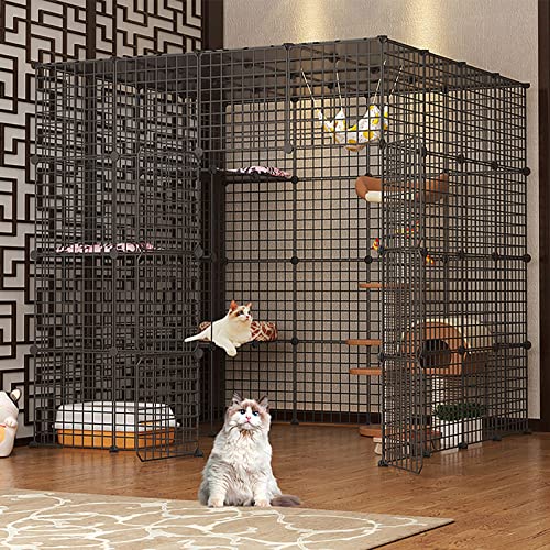 大型猫ケージエンクロージャ屋内、小動物ケージ、フェレットケージ、大型チンチラケージ、トイレボックスとトイレボックス付き、DIYプレイペン取り外し可能、1?3匹の猫用、屋内/屋外用(147-147-145cm/58-58-57in)