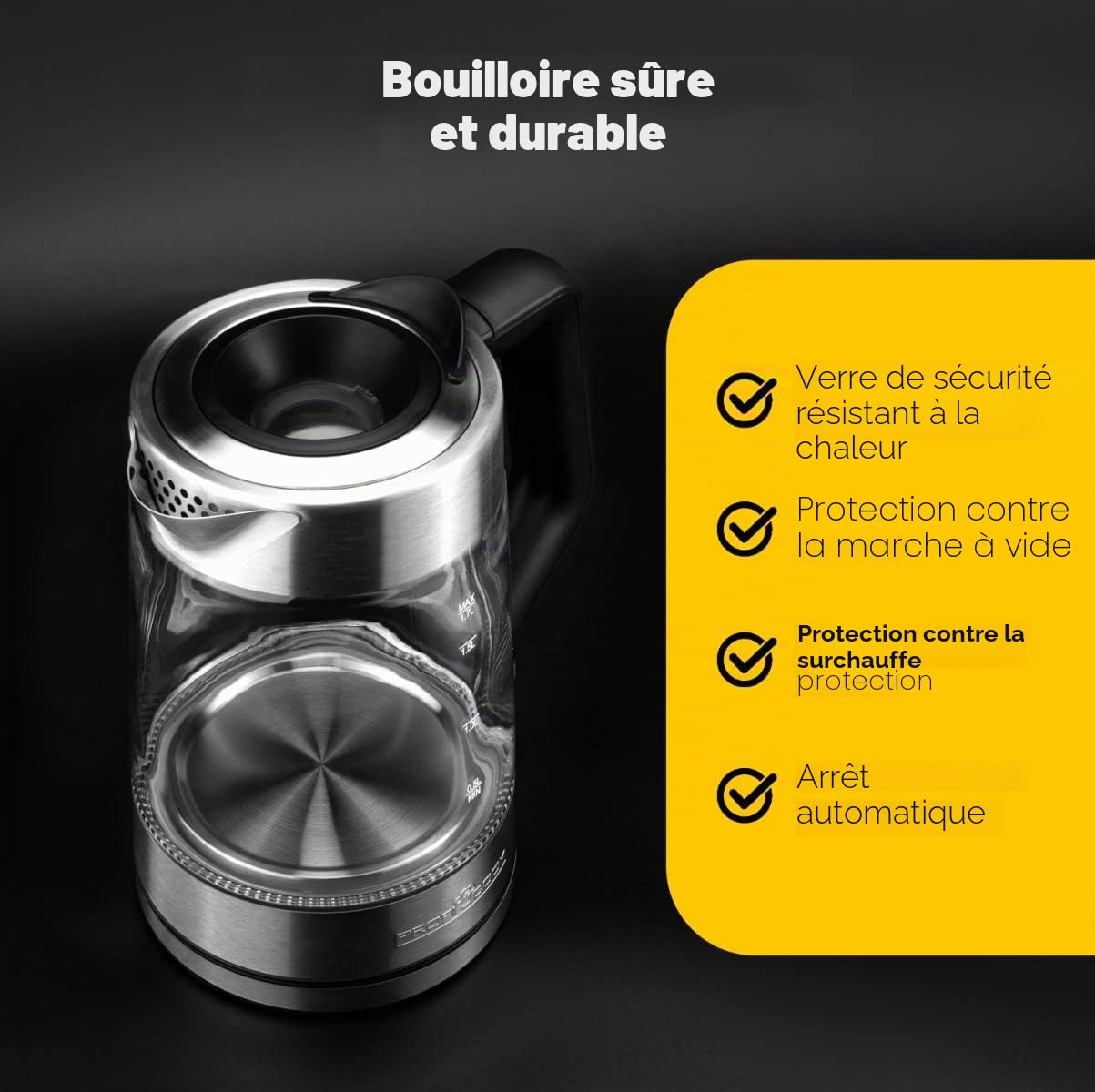 ProfiCook® Bouilloire électrique avec éclairage coloré et capacité de 1,7 litre,verre avec éclairage du réservoir d'eau en fonction de la température, Kettle avec arrêt automatique,2200W-PC-WKS 1190 G