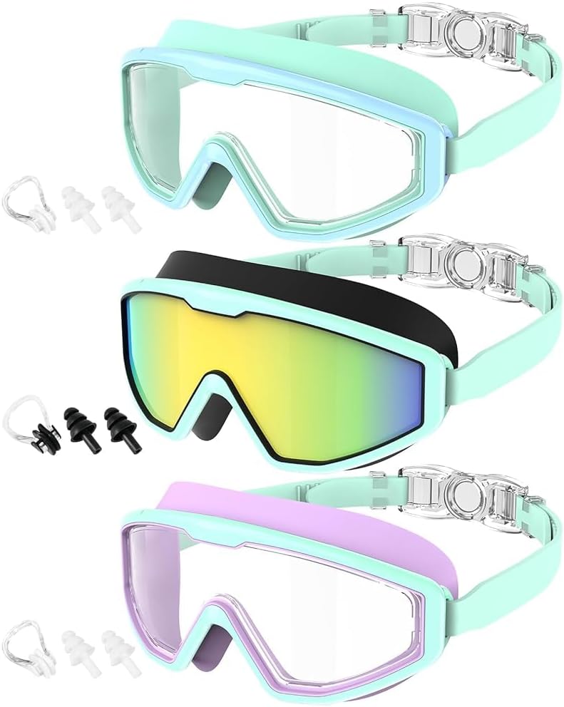 Kids Goggles Age 4-16, Anti-Fog UV 180°Clear View Kids Swim Goggles, 3 Pack Swimming Goggles Waterproof Pool Goggles