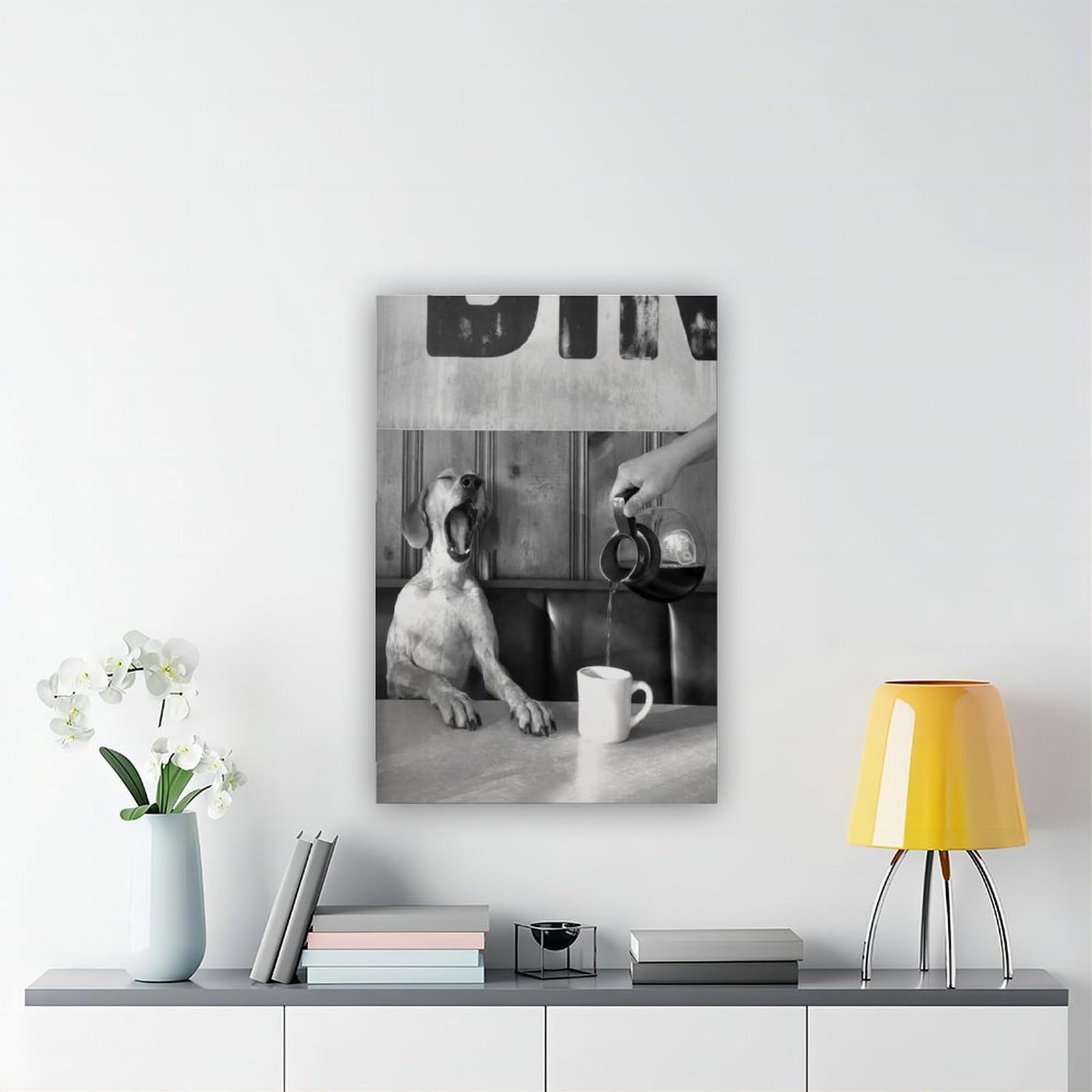 Póster de lienzo retro en blanco y negro con diseño de perro bebiendo café, decoración de dormitorio, paisaje, oficina, habitación, regalo, 40 x 60 cm