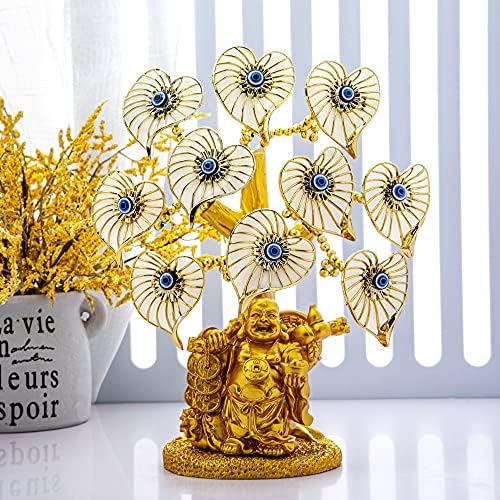 Blue Evil Eye Money Tree with Painted Golden Buddha Statue White Artificial Flowers Home Office Protection Decoration Feng shui Ornament