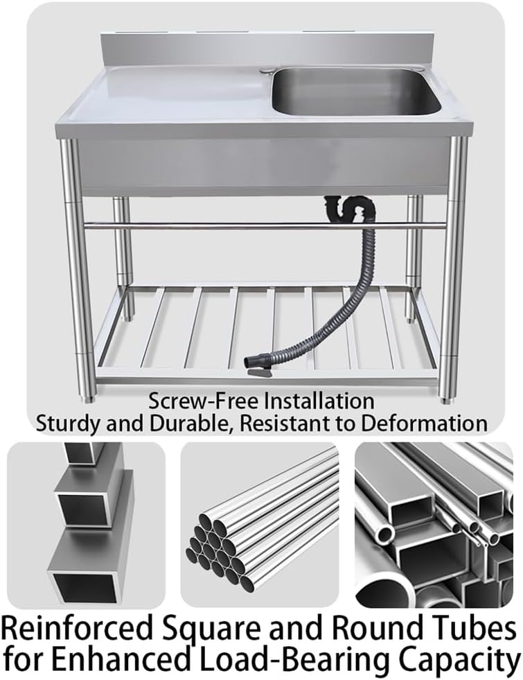 31.5-39.37In Freestanding Utility Sink,Outdoor Stainless Steel Kitchen Sink,with Workbench,Hot And Cold Water Faucet,for Laundry Room Farmhouse Indoor And Outdoor,Silver,90 * 50 * 80cm