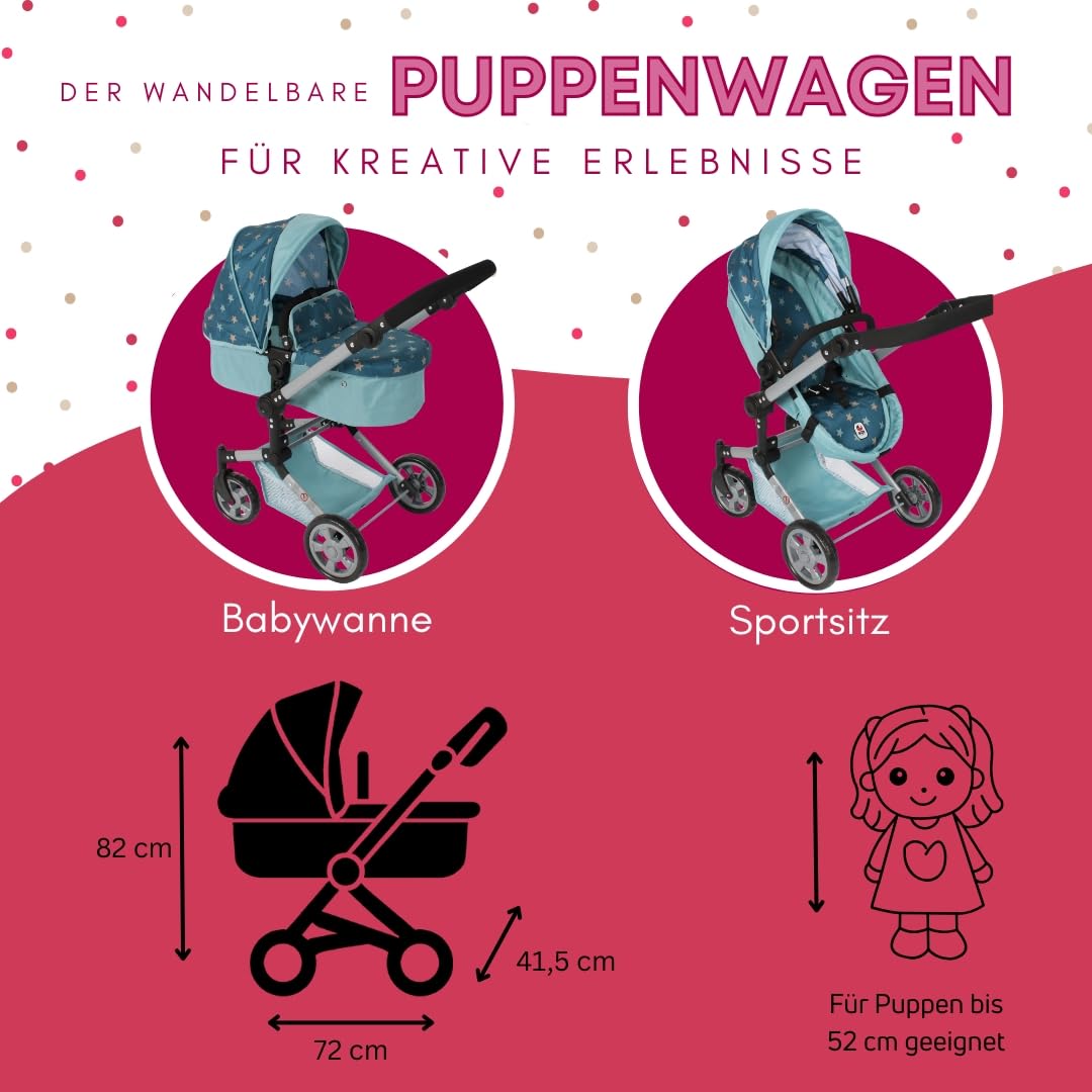 Bayer Chic 2000® 2 w 1 wózek dla lalek Linus - gwiazdka turkusowa - składana, z regulacją wysokości 47-78 cm – lalki do 52 cm, 4-8 J.