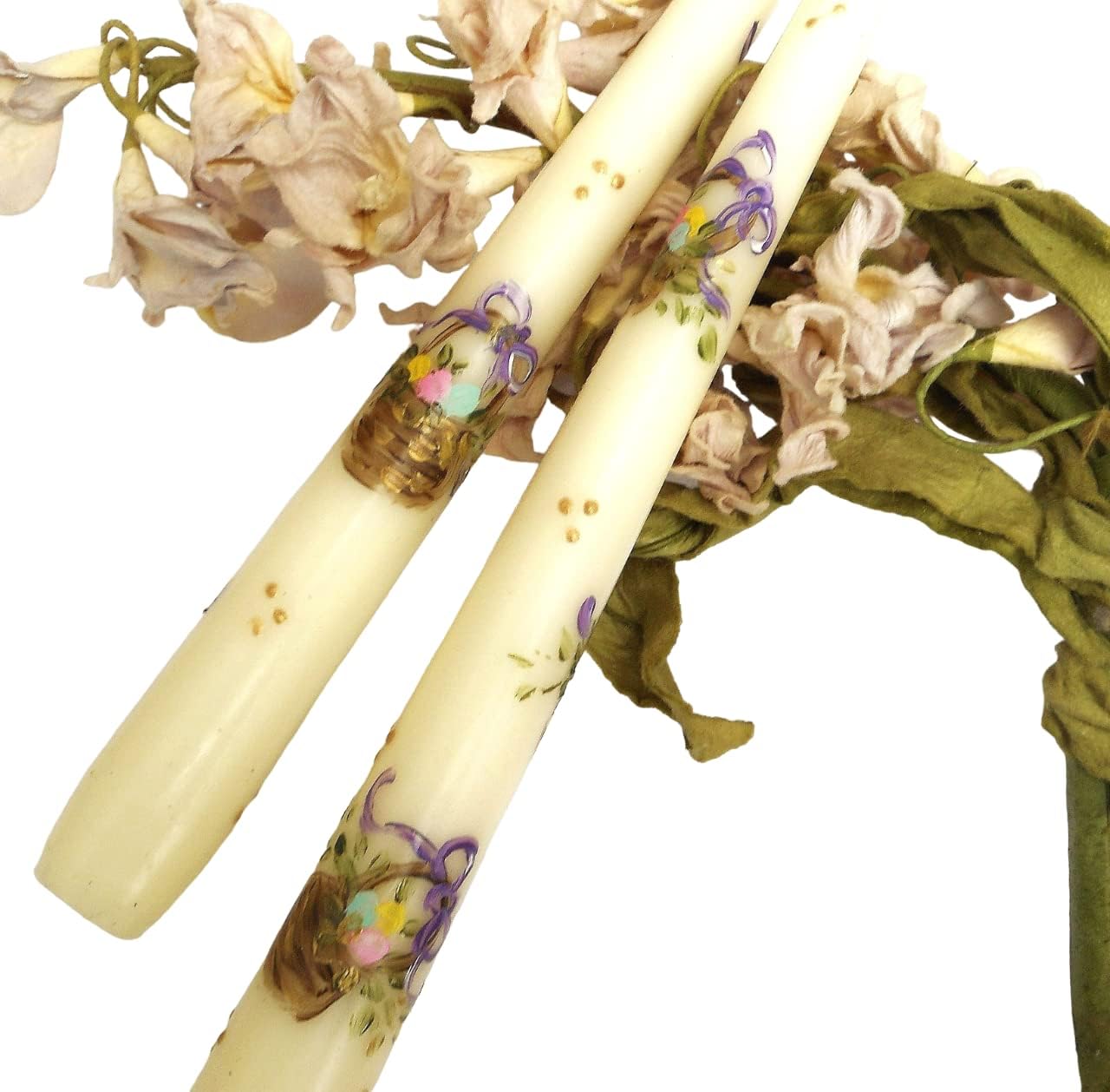 Set of Two Ivory Taper Candles Decorative Artist Hand Painted Colorful Pastel Easter Egg Basket with Vines Design Handmade Whimsical Spring Table Decor