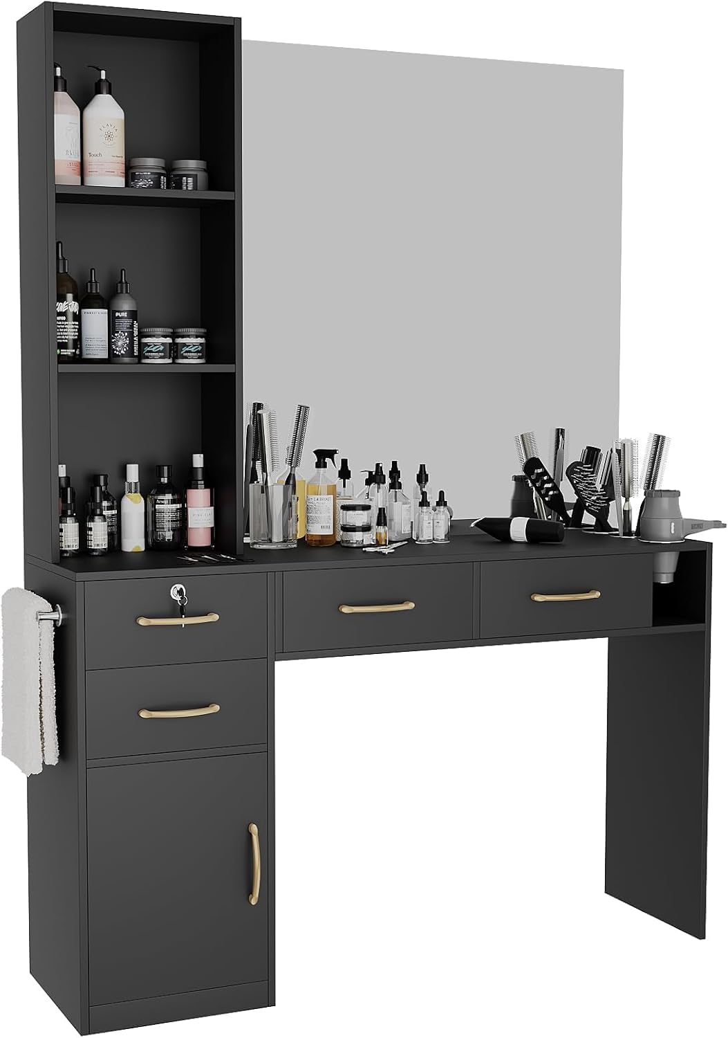 Front view of the assembled GOFEI Professional Barber Station, showcasing its storage compartments, drawers, and mirror area.