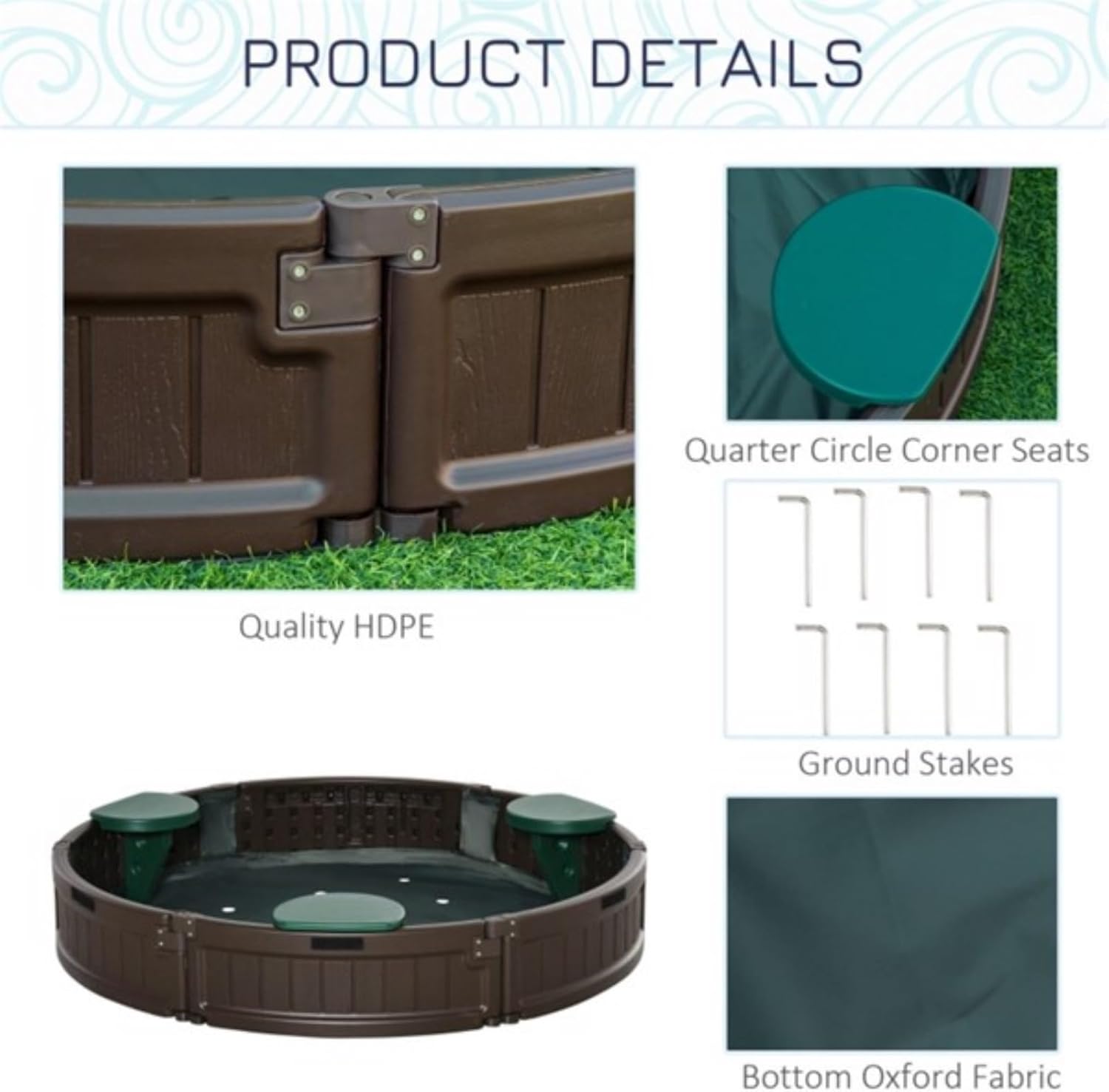 Children's Sandbox, Round Sandbox, 3 Semi-Circular Seat Plates, Oxford Cloth Cover, Polished Smooth Surface, Made of High-Density Polyethylene, Suitable for Children Aged 3-12, Chocolate Brown