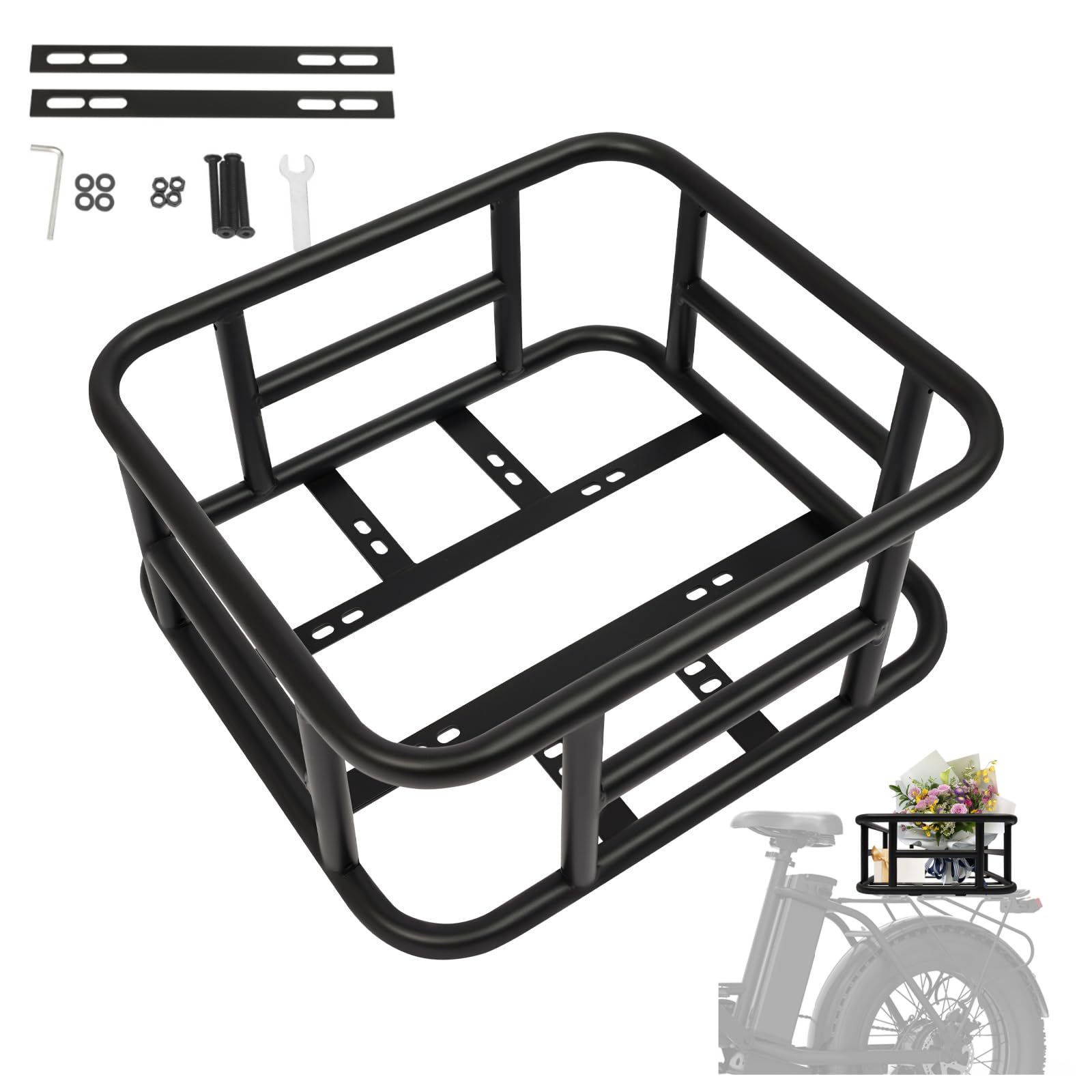 Panier de vélo arrière amovible, grand panier de porte-bagages en métal, robuste, universel, convient pour vélo électrique, vélo de ville et vélo, montage facile, convient pour les courses, cartables