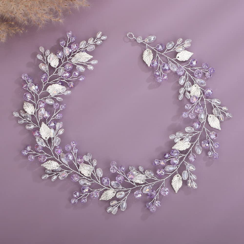 Teyglen Bridal Wedding Hair Vine Headband Silver Crystal Leaf Hair Pieces Handmade Blue Red Green Rhinestone Headpiece Hair Accessories for Women