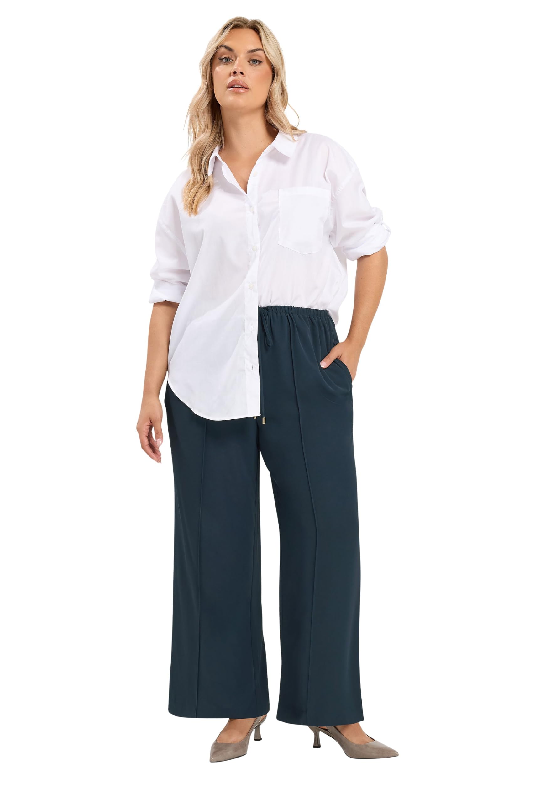 Yours Women's Navy Curve Grey Wide Leg Trousers - Plus Size Curve