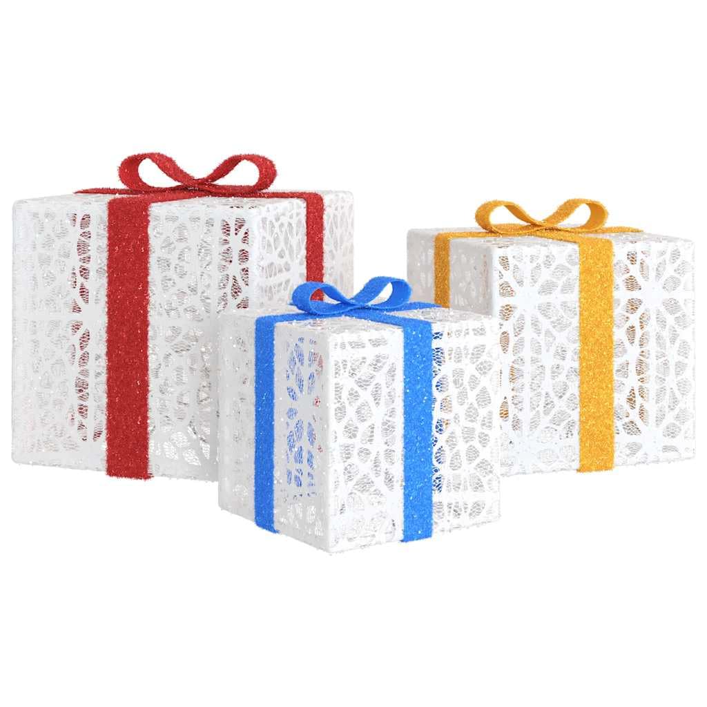 Set di 3 scatole regalo illuminate, 64 LED, luce bianca calda, decorazione natalizia con 8 effetti di luce, per interni, atmosfera festiva, risparmio energetico, alimentazione USB, diverse