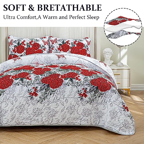 Yiran Red Flower Quilt Set With 2 Pillowcases Rose Floral Butterfly Bedspread For All Season Lightweight Soft Microfiber Coverlet Queen 90"X96" #TOP4