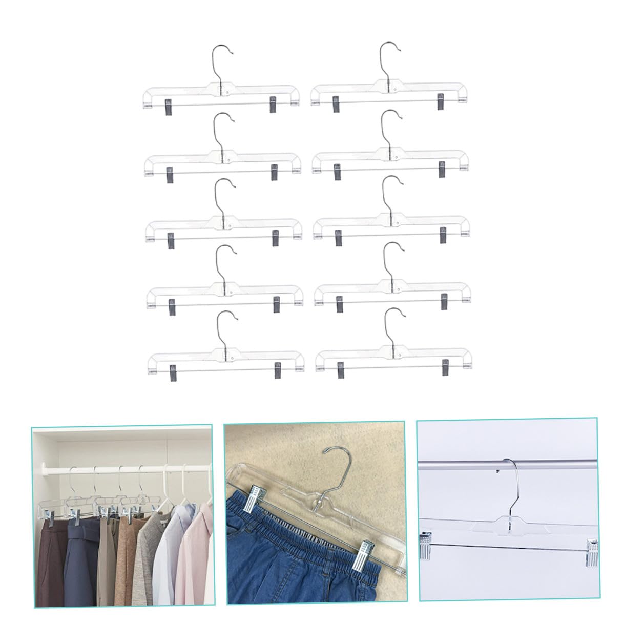 Perchas con Clips Ajustables Transparentes 10 Piezas para Pantalones | Plástico E Hierro, Gancho Giratorio en S y Diseño Curvo, Clips Móviles para Tallas Distintas