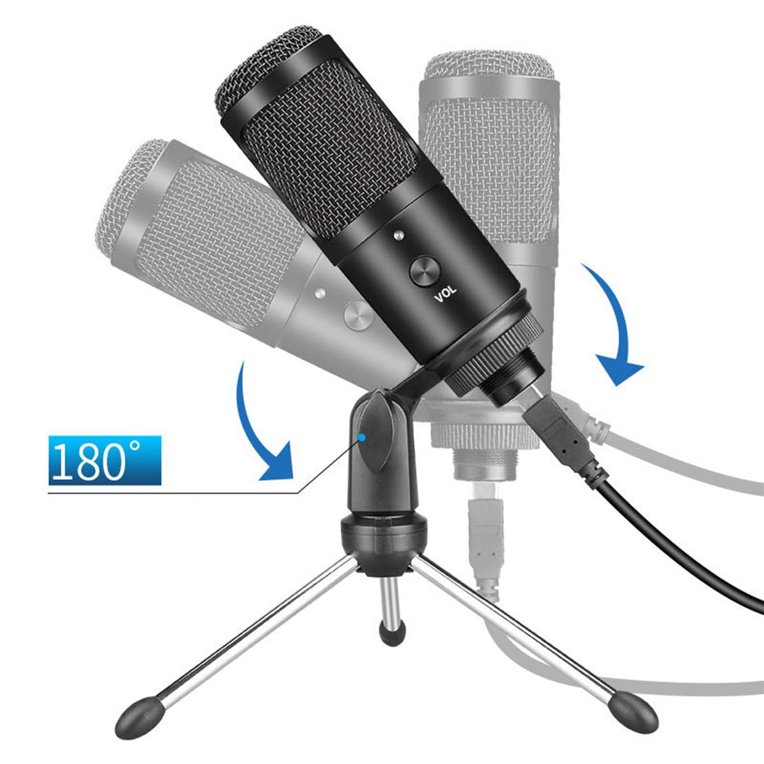 AKT USB Podcast mikrofon pojemnościowy, strumieniowy MIC, zestaw do nagrywania Pro Cardioid Mic Kit ze statywem do gier karaoke Skype Youtuber