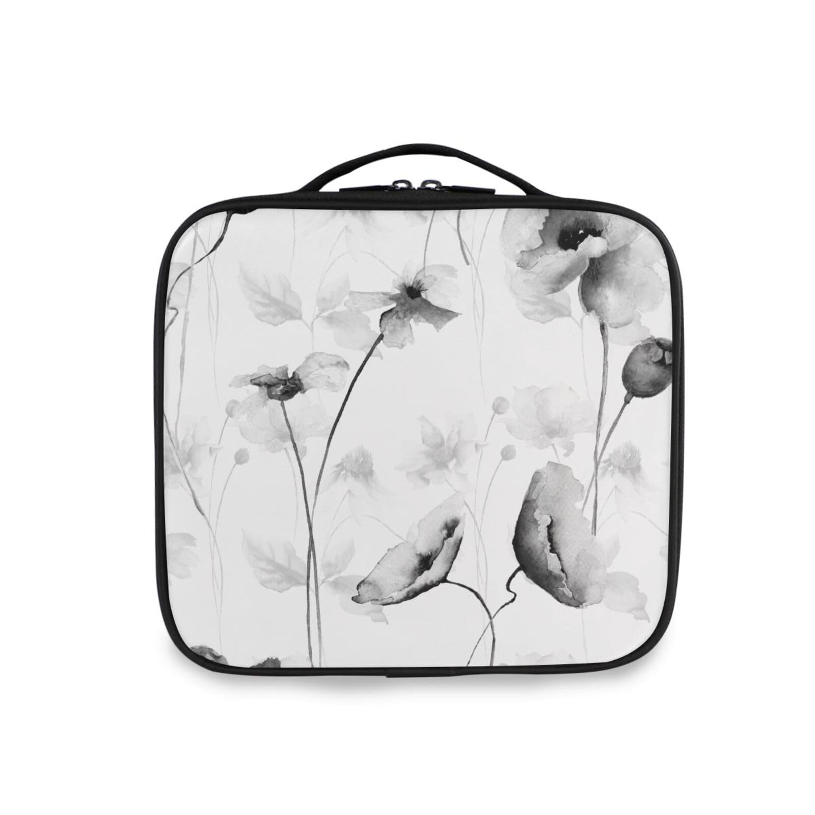 OTVEE Makeup Bag Black and White Flowers Travel Cosmetic Bag Large Train Case with Adjustable Dividers
